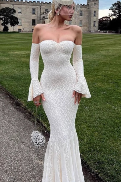Bell Sleeve Strapless Lace Reception Dress Main image