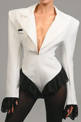 Lace Paneled Blazer Style V Neck Slim Bodysuit