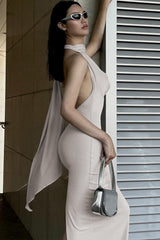 Draped Halter Slit Maxi Birthday Dress