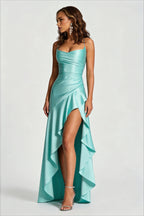 Satin Ruffle High Low Backless Party Dress