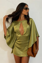 Satin Cutout Batwing Sleeve Bodycon Mini Dress