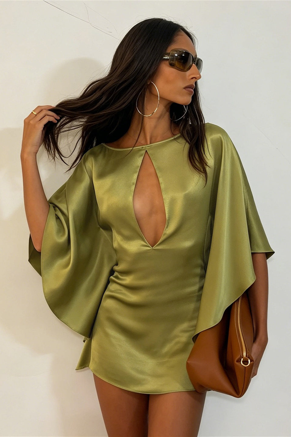 Satin Cutout Batwing Sleeve Bodycon Mini Dress