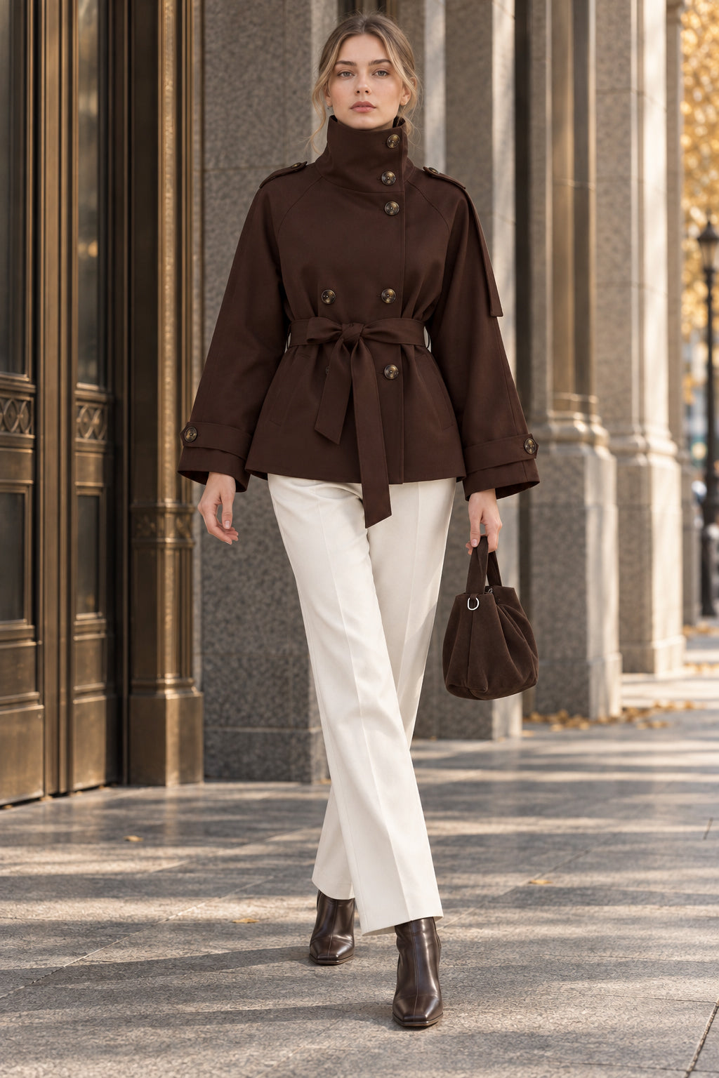 Turtleneck Double Breasted Waist Tie Coat