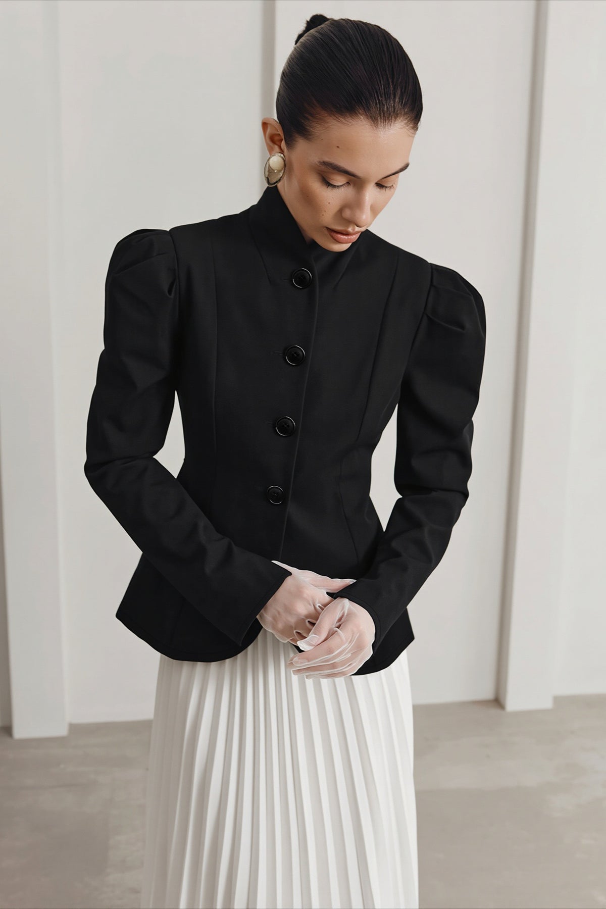Puff Shoulder Stand Collar Button Front Tailored Coat