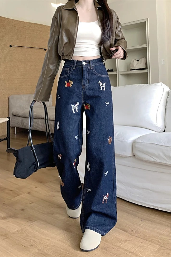 Embroidered Print Wide Leg Denim Jeans Secondary image