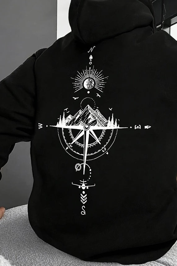 Compass Graphic Kangaroo Pocket Pullover Hoodie