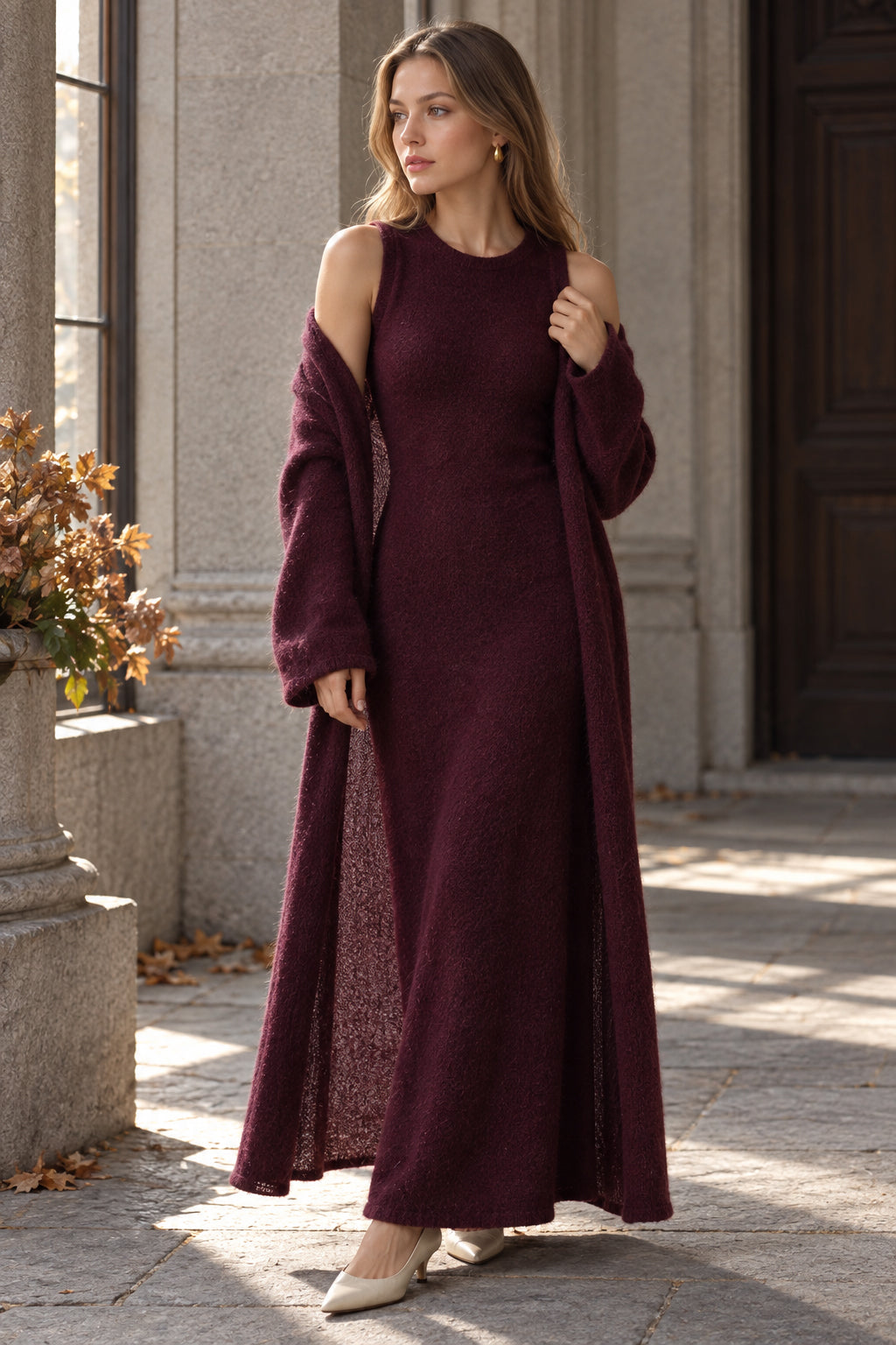 Vintage Knit Cardigan and Sleeveless Dress Two Piece Set