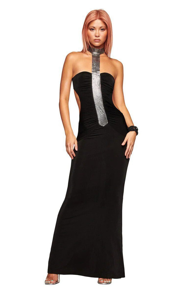 Crystal Halter Cutout Bodycon Maxi Dress