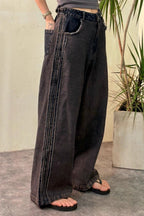 Striped Color Block Drawstring Loose Wide Leg Straight Jeans
