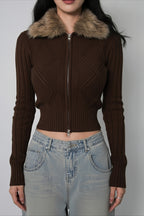 Faux Fur Collar Ribbed Zip Cardigan Sweater