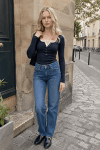 Patchwork Lace Buttoned Long Sleeve Tee