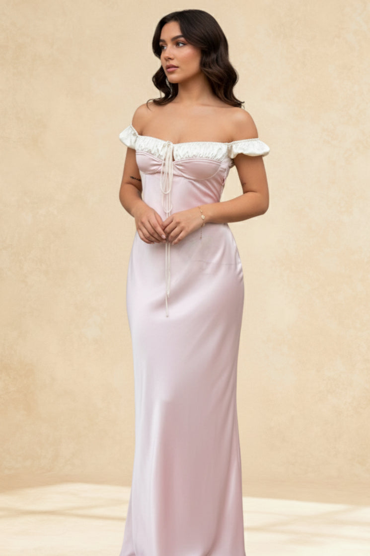Pink Satin Ruched Charming Contrast Sleeve Dress Main image