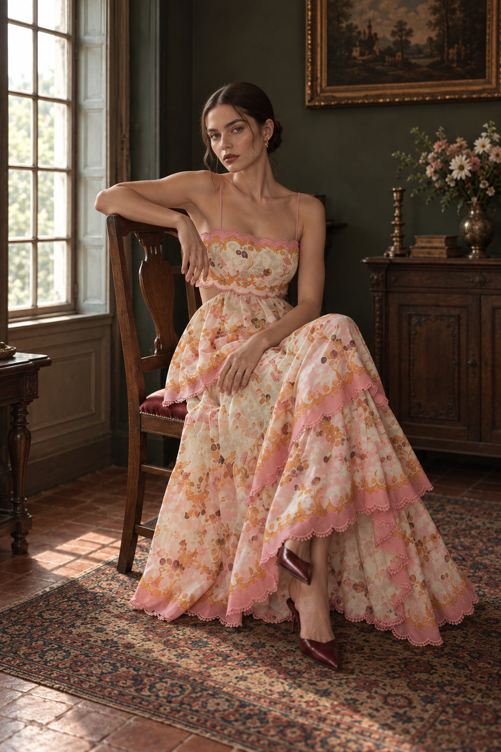 Fashion Tiered Spaghetti Strap Tassel Cutout Waist Embroidered Maxi Dress