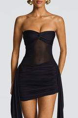 Bustier Backless Ruched Mesh Bodycon Dress