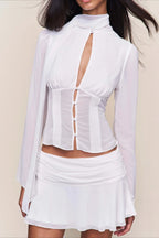 Chic Button Hollow Out Tie Front Slim Blouse