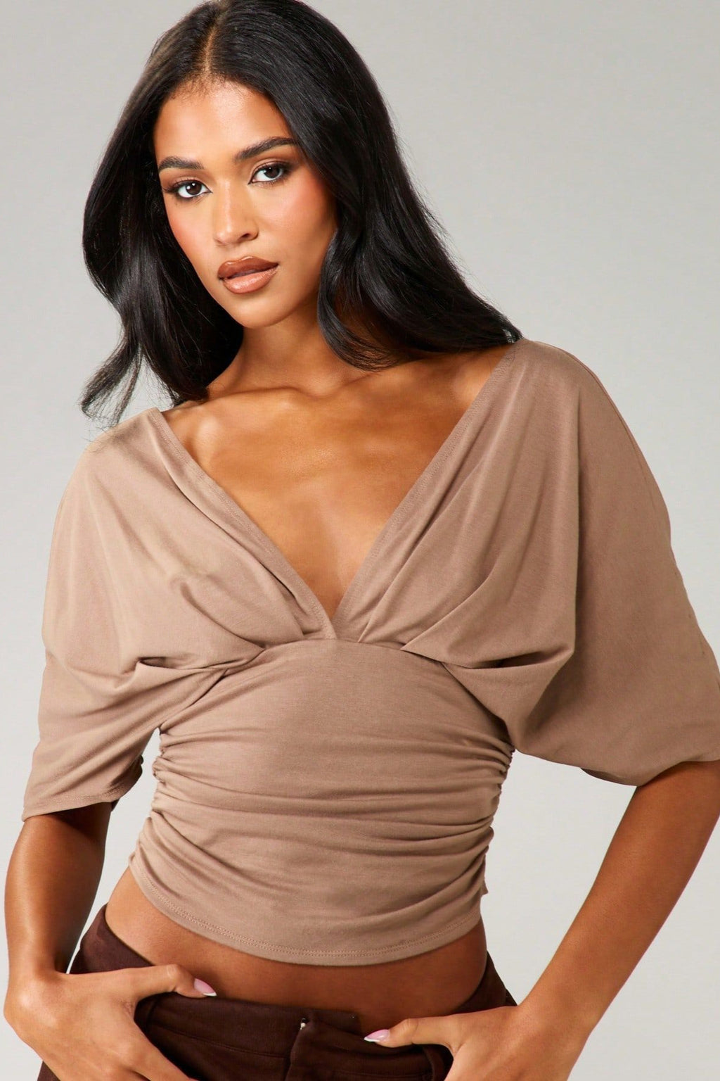 Backless Batwing Sleeve Waist Cinched Crop Top