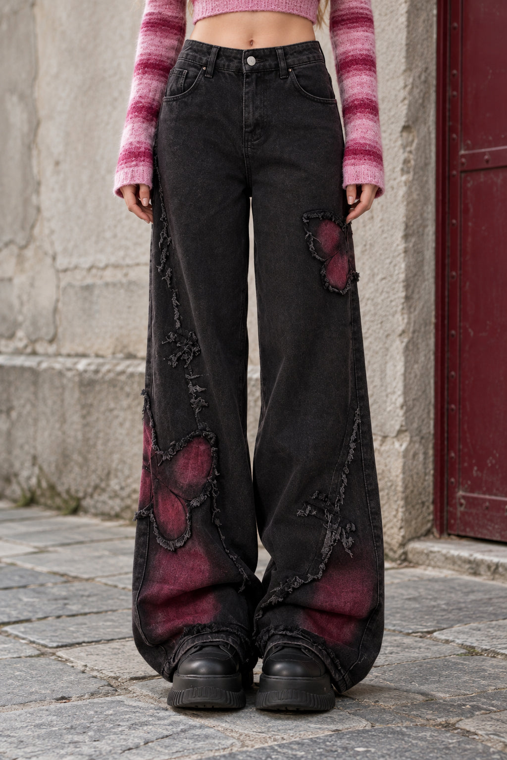 Butterfly Patch Washed Wide Leg Jeans