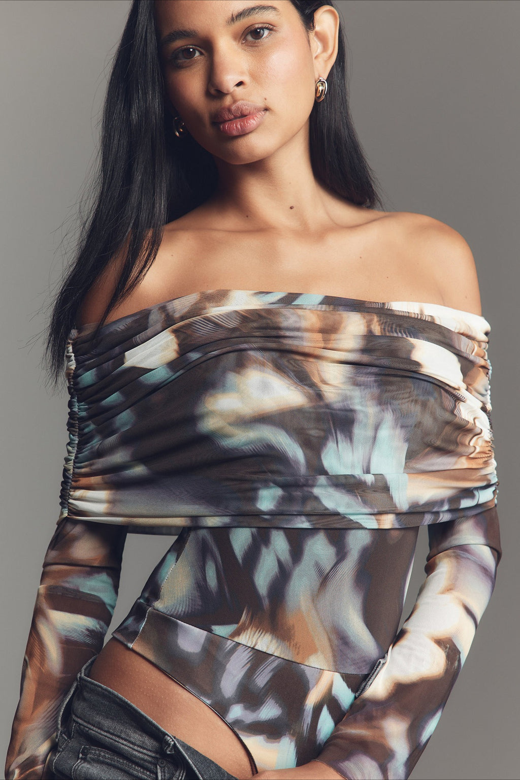 Abstract Print Mesh Off Shoulder T-shirts