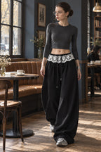 Lace Waist Wide Leg Sweat Pants