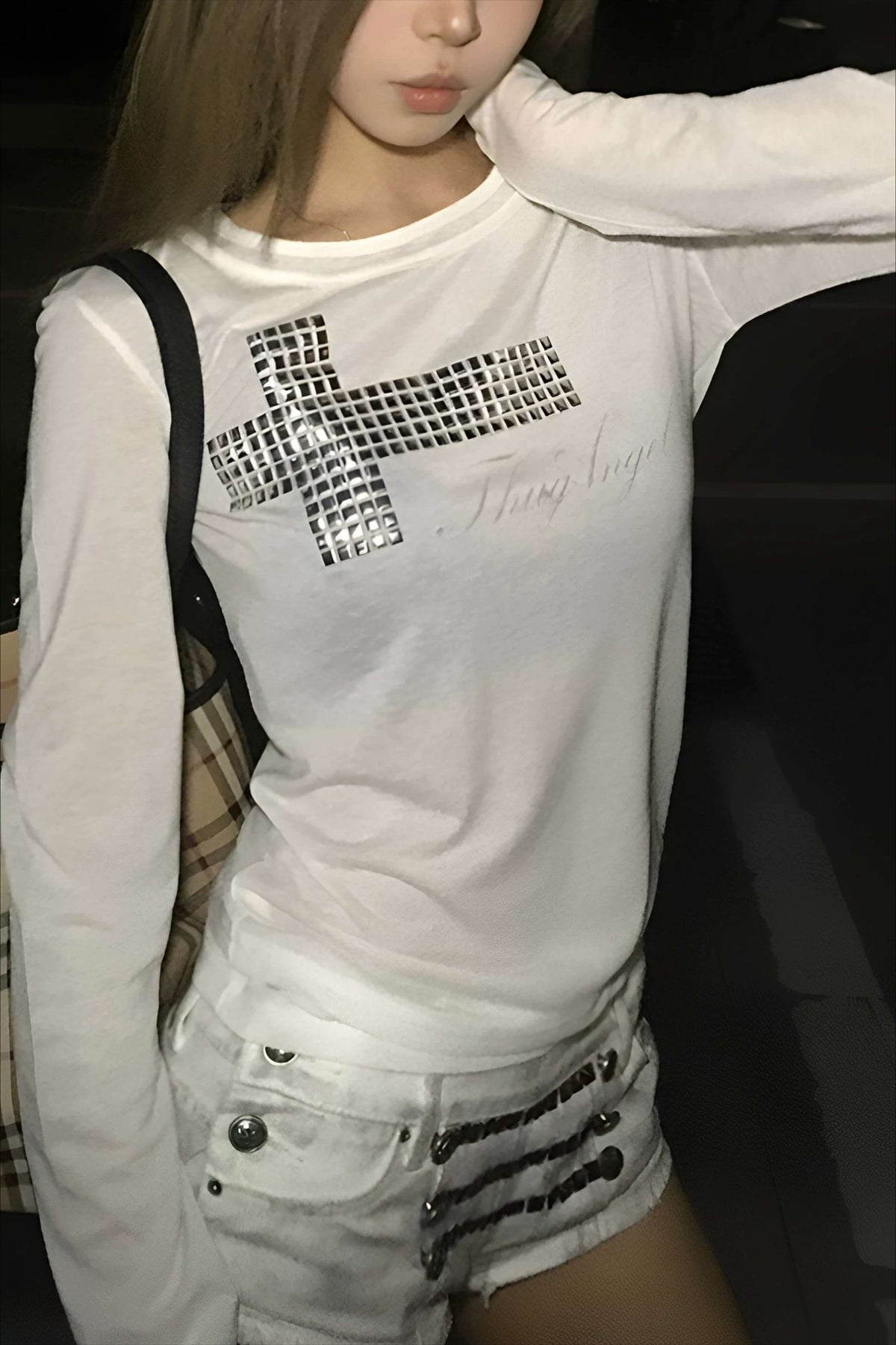 Rhinestone Cross Long Sleeve Fitted T-Shirt