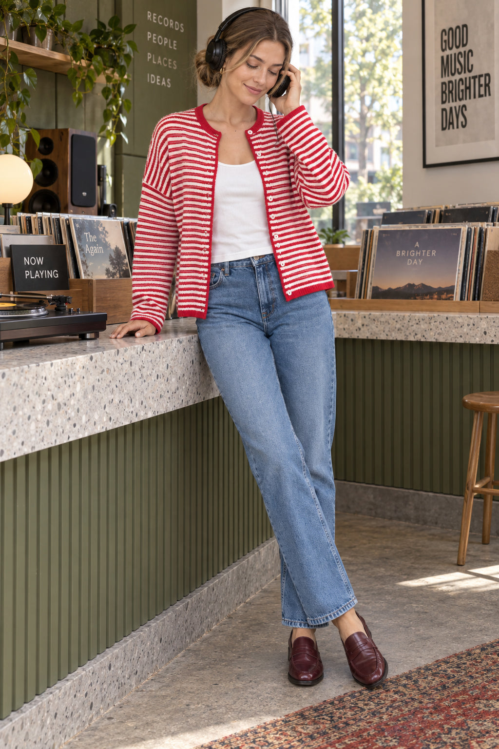 Stripe Roll Neck Button Casual Cardigan