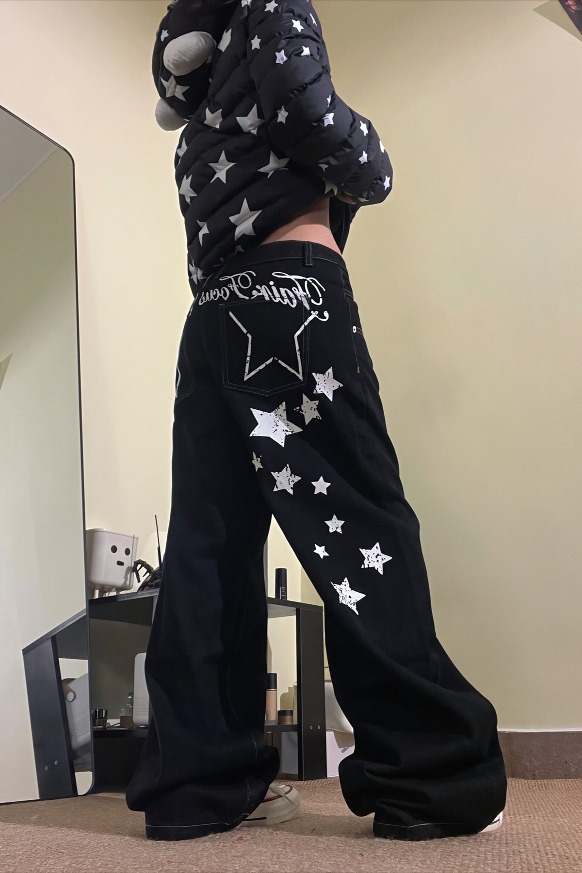 Star Letter Print Wide Leg Jeans