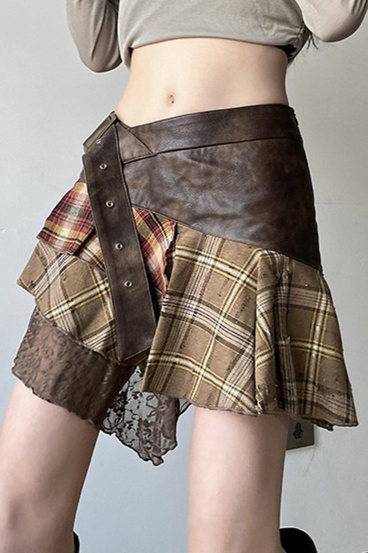 Plaid Lace Patchwork Belted Skirt Secondary image