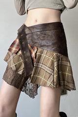 Plaid Lace Patchwork Belted Skirt