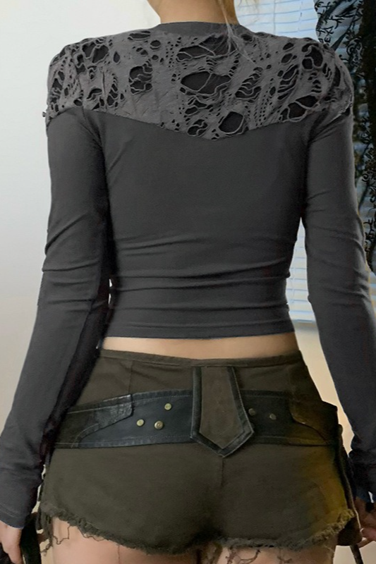 Y2K Gothic Irregular Mesh Panel Cutout Off-Shoulder Crop Top Secondary image