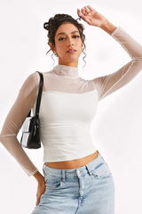 Solid Mock Neck Mesh Paneled  Crop Top
