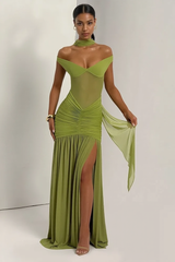 Strapless Backless Mesh Ruched Slit Party Dress