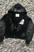 Distressed Wing Graphic Zip Front Hoodie
