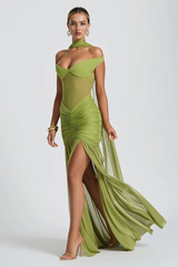 Strapless Backless Mesh Ruched Slit Party Dress