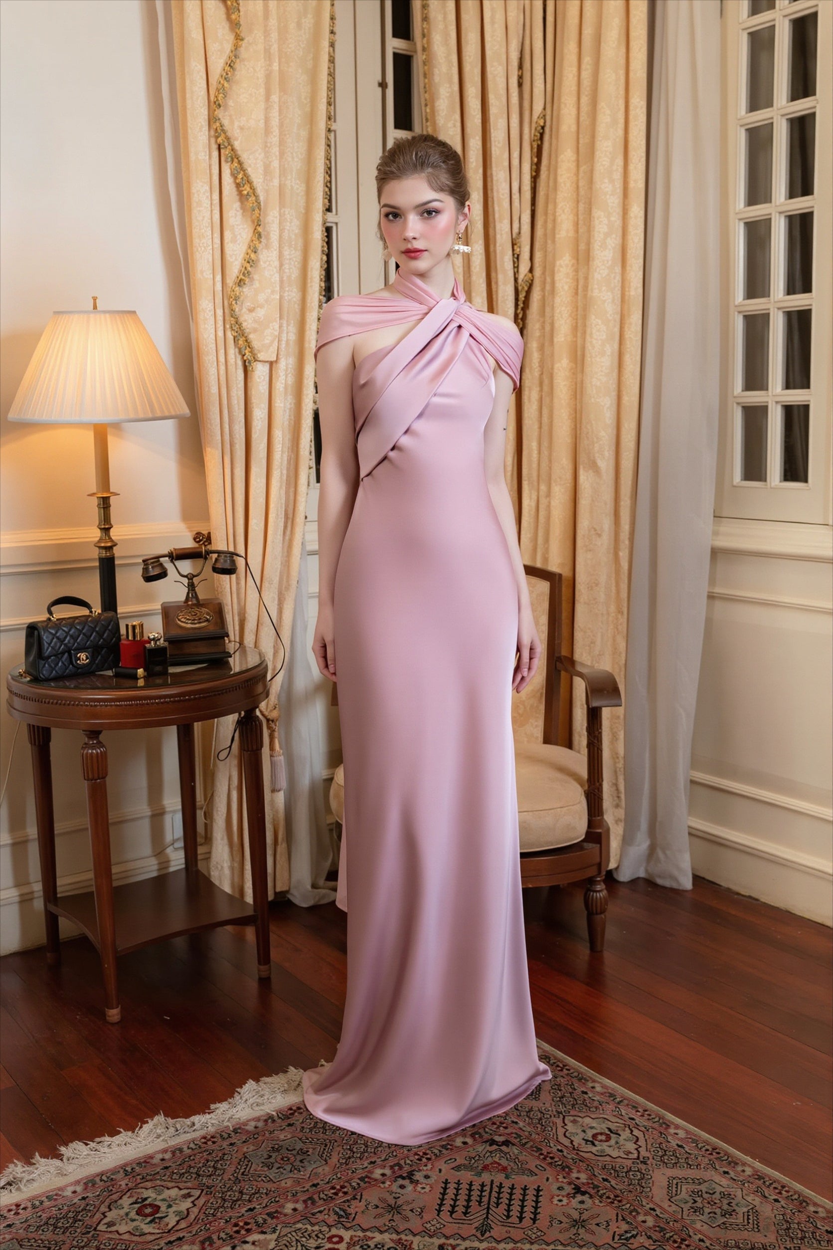 One Shoulder Cape Satin Split Maxi Dress