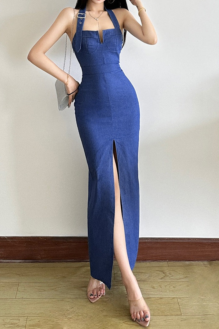 Halter Split Maxi Denim Dress Main image
