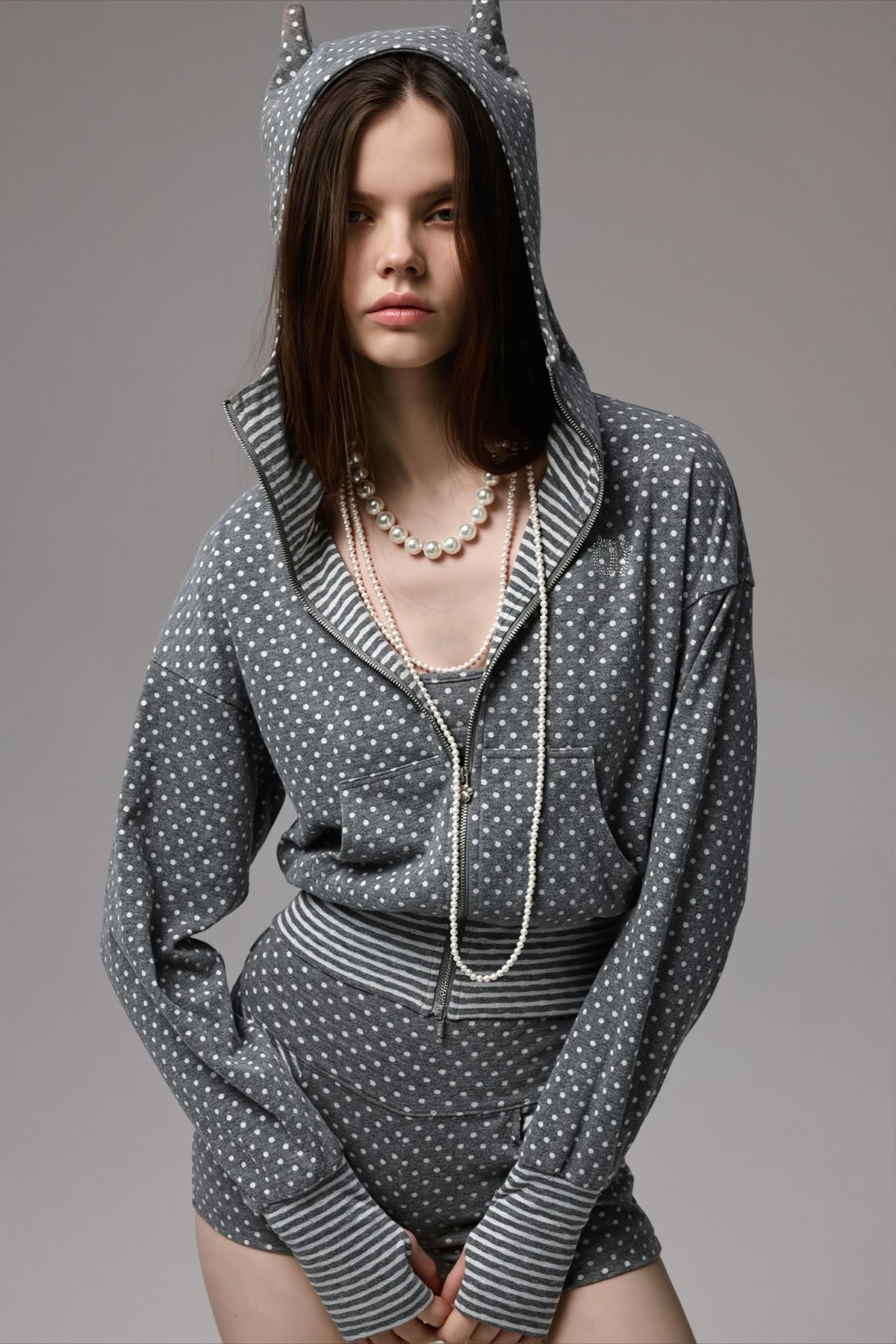 Polka Dot Cat Ear Zip Front Cropped Hoodie Main image