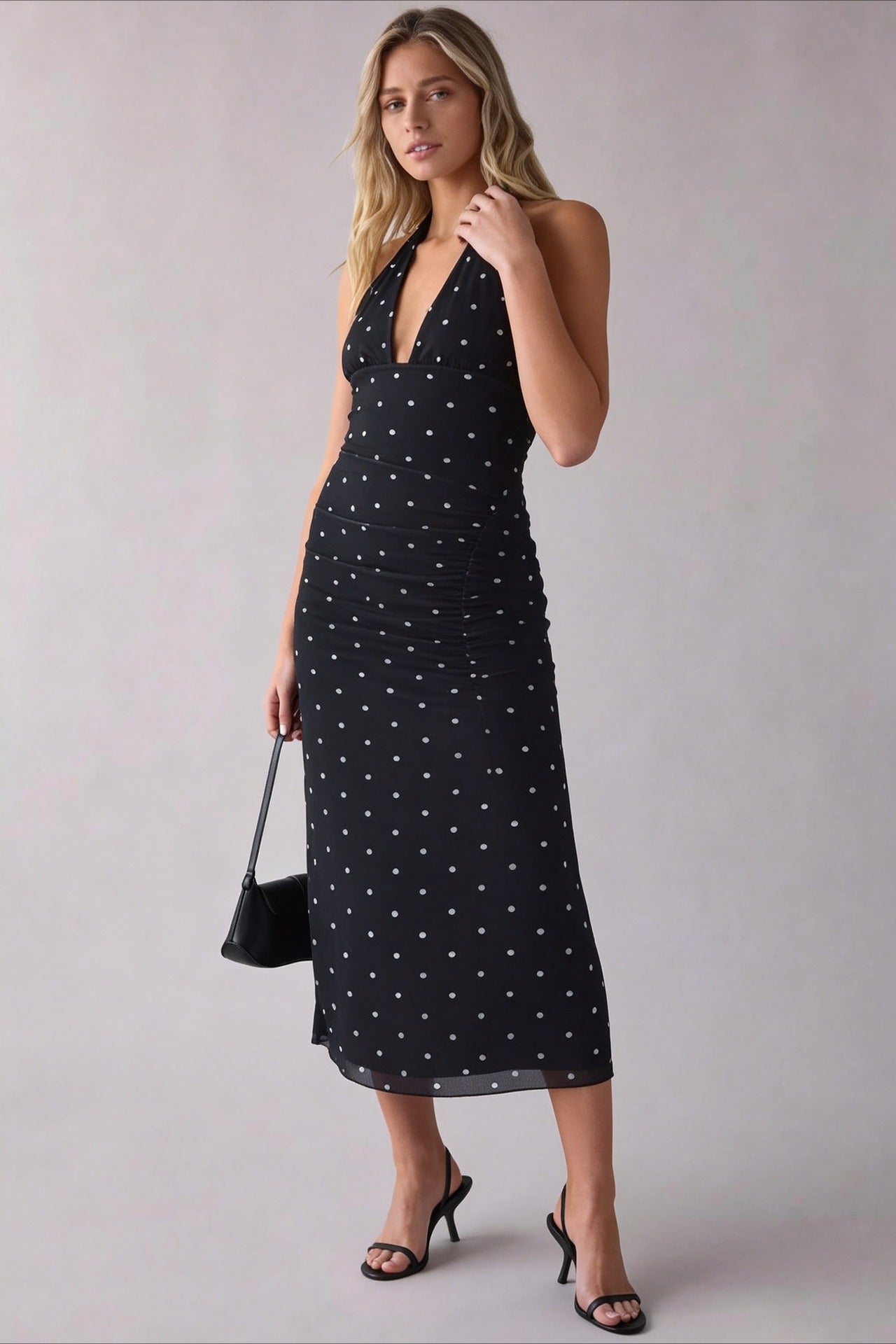 Printed Mesh Halter Side Ruched Slit Midi Dress