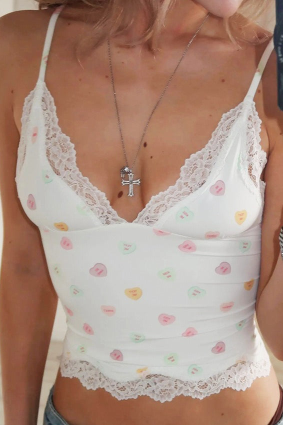 Heart Floral Lace Trim Crop Cami Top Secondary image