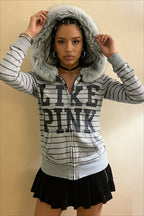 Striped Faux Fur Trim Slogan Zip Hoodie