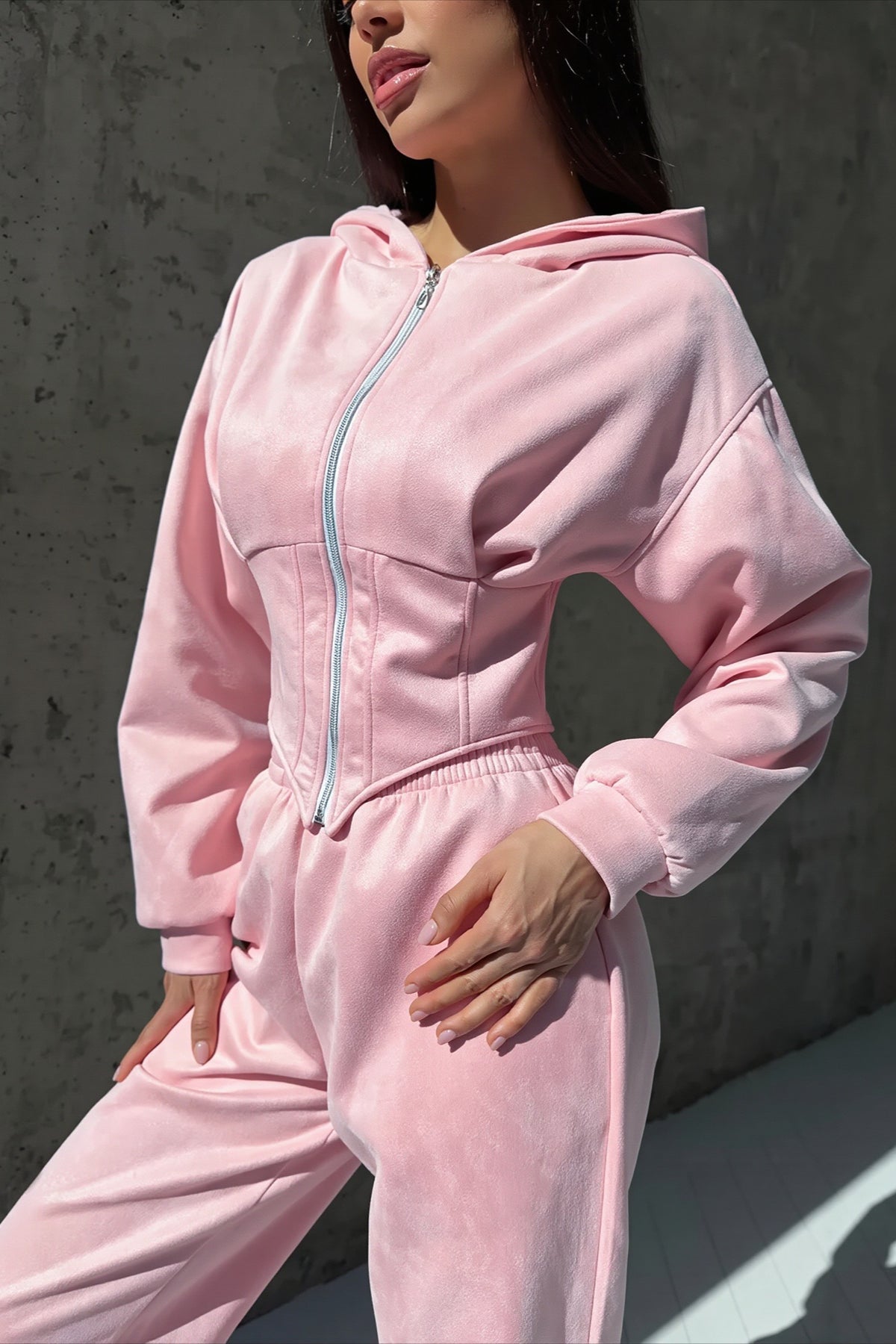 Solid Zip Front Wide Leg Hoodie Two Piece Set Main image