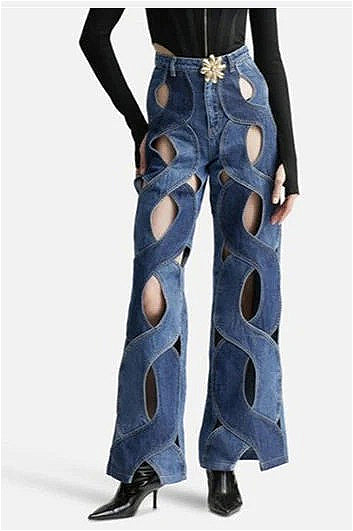 Hollow Button Patchwork Wide Leg Jeans Secondary image
