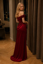 Off Shoulder Wine Red Satin Formal Dress