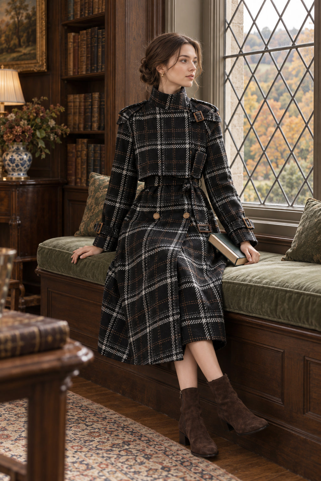 Autumn Winter Long Loose Warm Plaid Wool Blends Sleeve Belt Double Breasted Woolen Stylish Coat Secondary image
