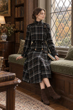 Autumn Winter Long Loose Warm Plaid Wool Blends Sleeve Belt Double Breasted Woolen Stylish Coat