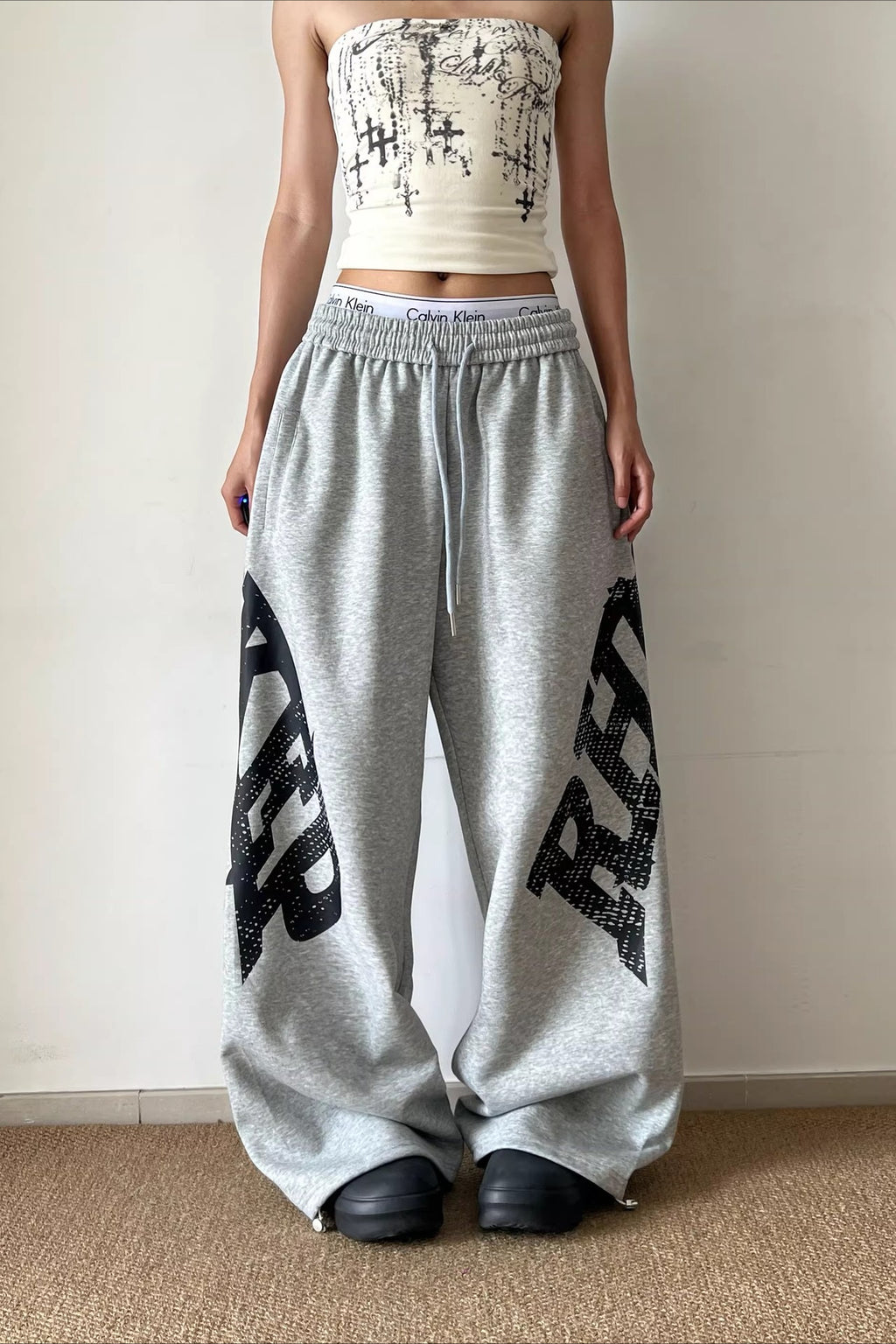 Oversized Letter Print Wide Leg Pants