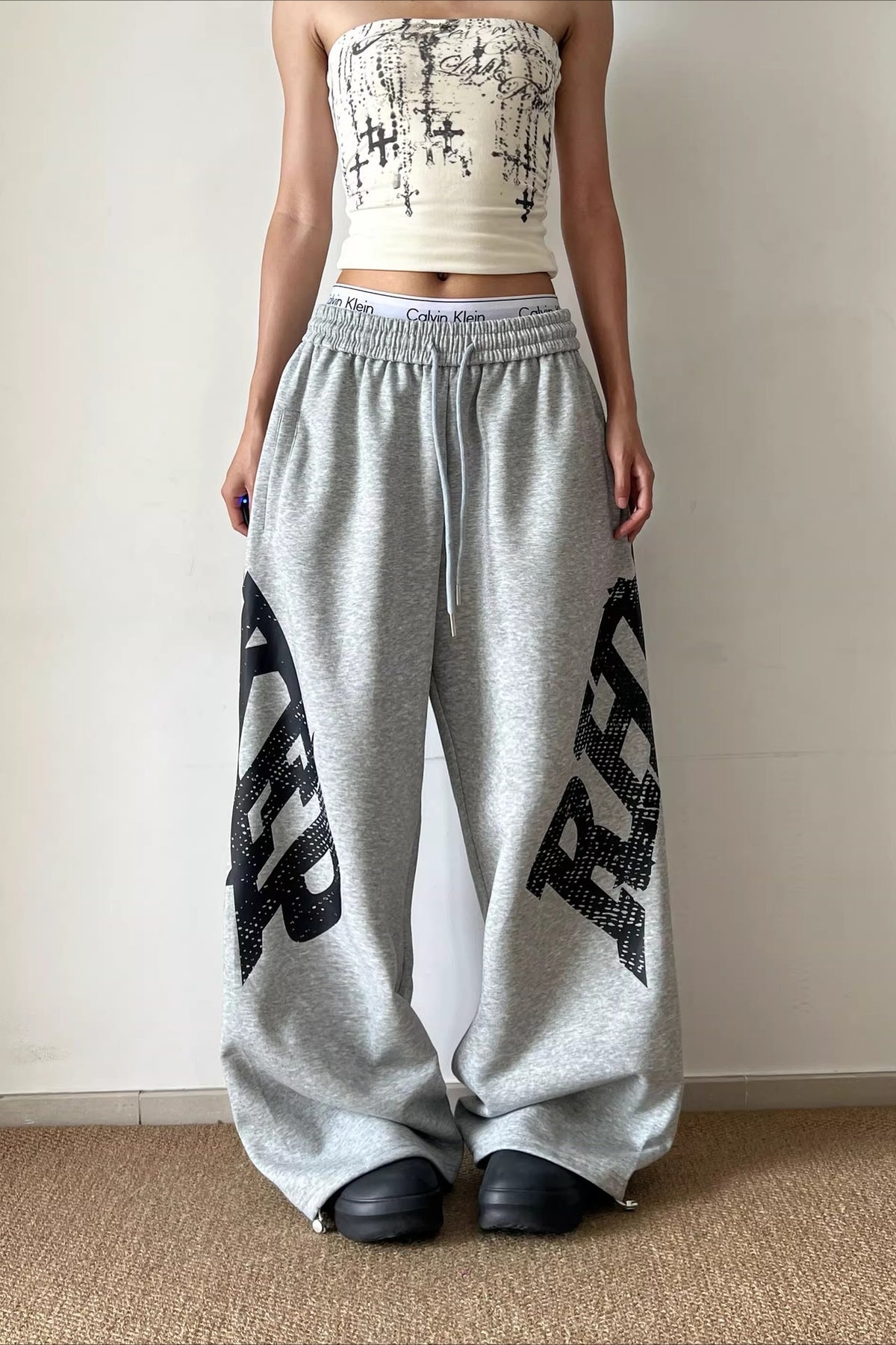 Oversized Letter Print Wide Leg Pants