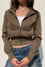 Ribbed Waist Brown Cropped Zip Jacket