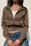 Ribbed Waist Brown Cropped Zip Jacket