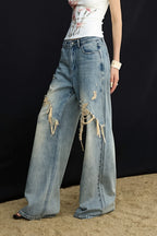 Washed Patchwork Distressed Wide Leg Streetwear Jeans