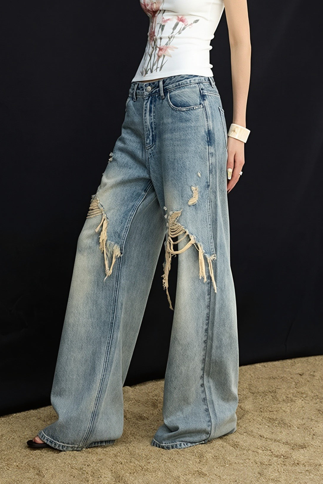 Washed Patchwork Distressed Wide Leg Streetwear Jeans